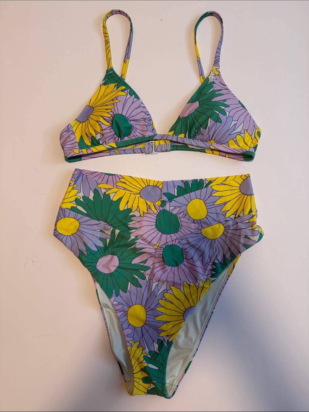aerie Floral Triangle Bikini Top & High-Waist Bottoms in Yellow, Green, Lavender